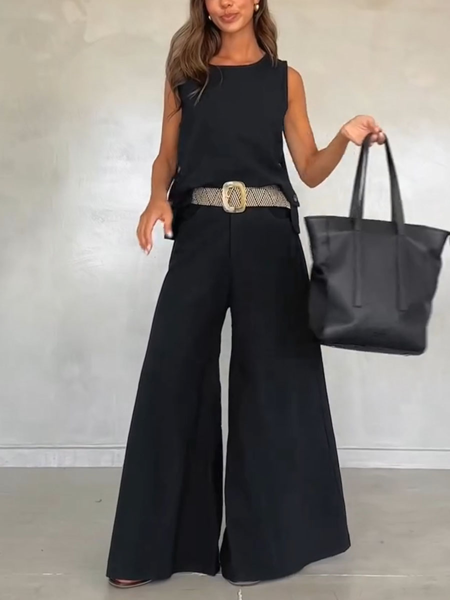 Casual Sleeveless Black Two Piece Set