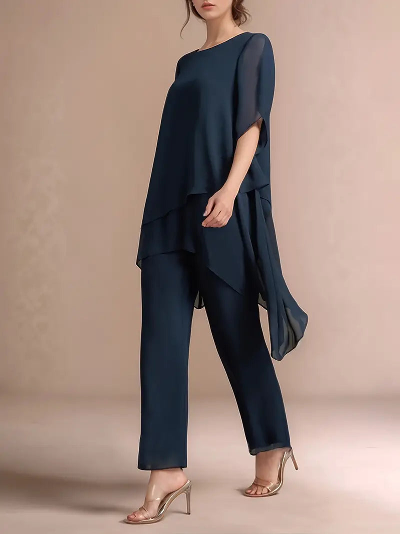 Averie | Layered Chiffon Top and Wide-Leg Pants Set