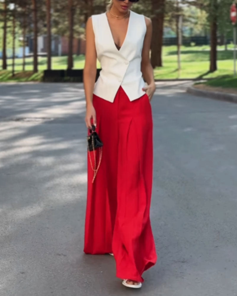 Fashion Elegant Vest & Wide Leg Pants Two-Piece Set