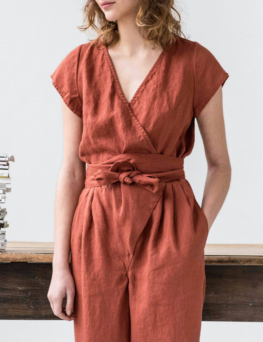 Casual Cozy Linen Wrap Jumpsuit