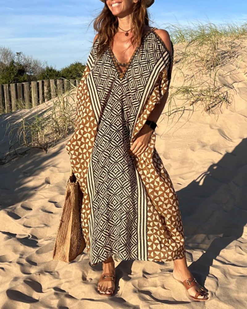 Casual V-neck Off-shoulder Print Dress