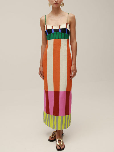 Colorful stripe print suspender dress