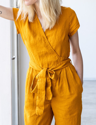 Casual Cozy Linen Wrap Jumpsuit