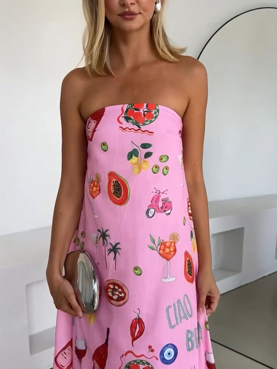 Pink tube top vacation print dress