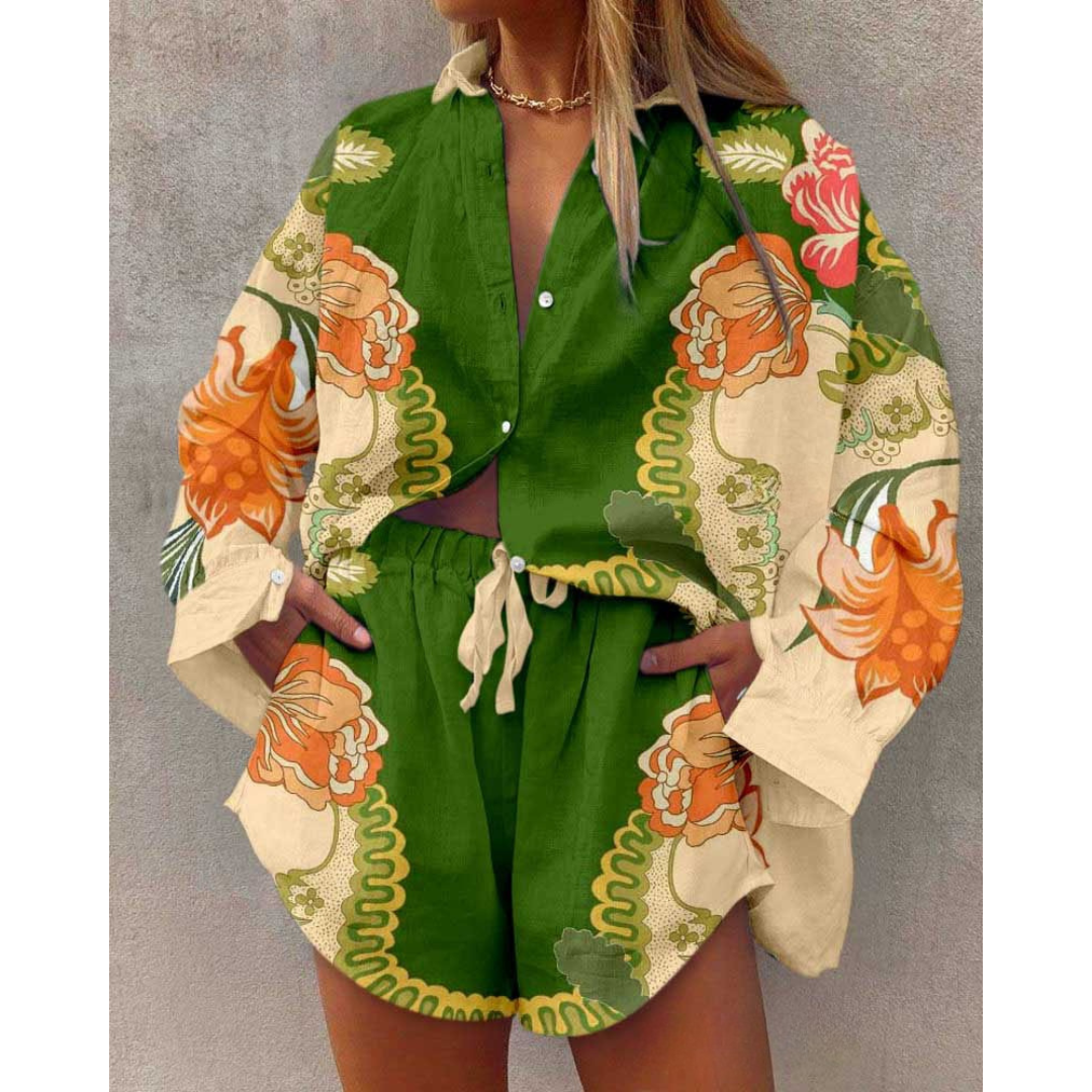 Resort Green Flowers Print Two-Piece Set