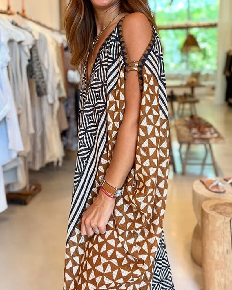 Casual V-neck Off-shoulder Print Dress