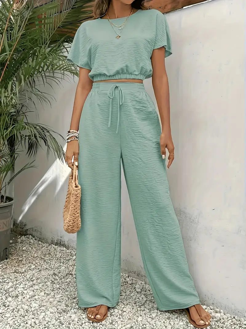 Reese | Textured Crop Top and Wide-Leg Pants Set