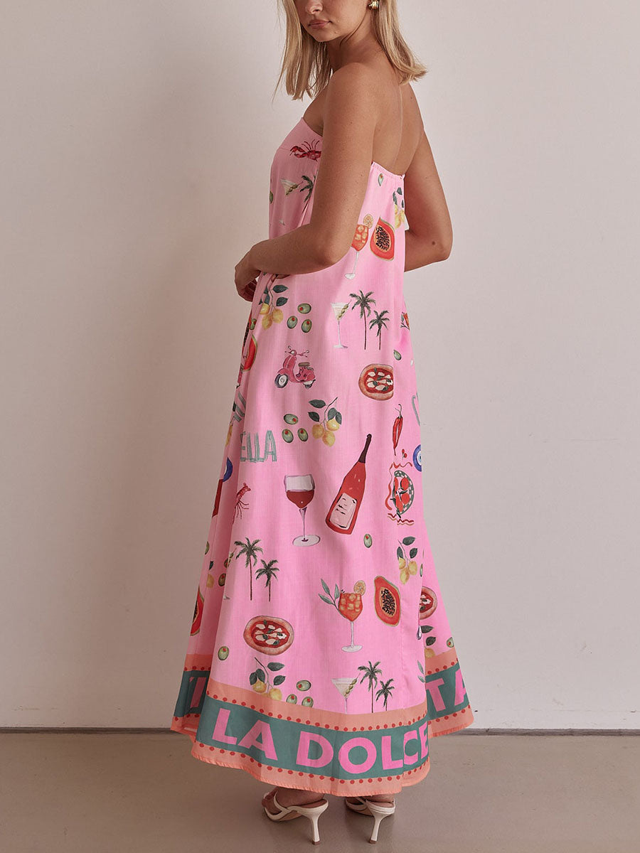 Pink tube top vacation print dress