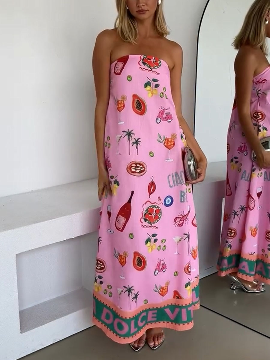 Pink tube top vacation print dress