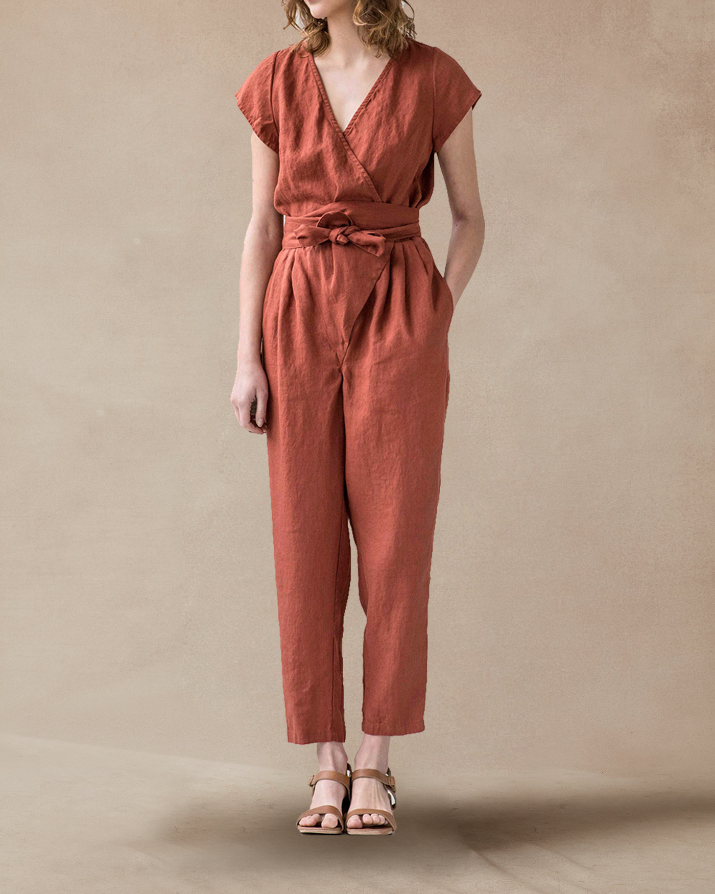 Casual Cozy Linen Wrap Jumpsuit