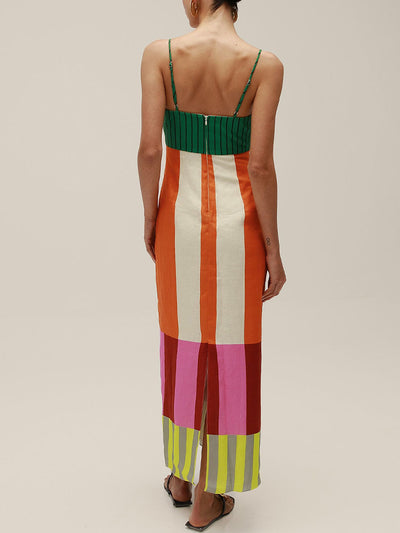 Colorful stripe print suspender dress